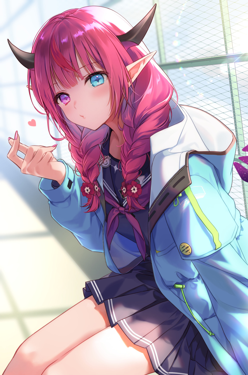 1girl absurdres aqua_jacket blue_eyes blue_serafuku braid crystal_wings day english_commentary feet_out_of_frame finger_heart flower from_side guyrys hair_flower hair_ornament hair_over_shoulder heterochromia highres hololive hololive_english hood hooded_jacket horns irys_(gaming_casual)_(hololive) irys_(hololive) jacket leaning_forward long_hair looking_at_viewer luma8b miniskirt multicolored_hair neckerchief o3o official_alternate_costume official_alternate_hairstyle open_clothes open_jacket pink_nails pleated_skirt pointy_ears red_neckerchief redhead rooftop school school_uniform serafuku sitting skirt solo star-shaped_pupils star_(symbol) streaked_hair sunlight symbol-shaped_pupils twin_braids virtual_youtuber