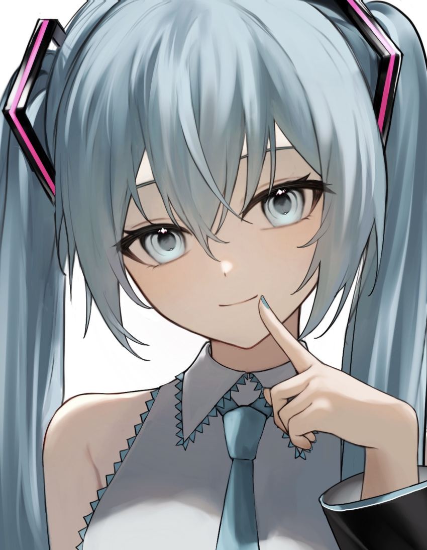 1girl bare_shoulders black_sleeves blue_eyes blue_hair blue_nails blue_necktie blush closed_mouth collared_shirt detached_sleeves dot_nose finger_to_mouth frilled_shirt frills hair_between_eyes hair_ornament hatsune_miku head_tilt highres index_finger_raised long_hair long_sleeves nail_polish necktie portrait shikito_(shito_0905) shirt sidelocks simple_background sleeveless sleeveless_shirt smile solo twintails vocaloid white_background white_shirt