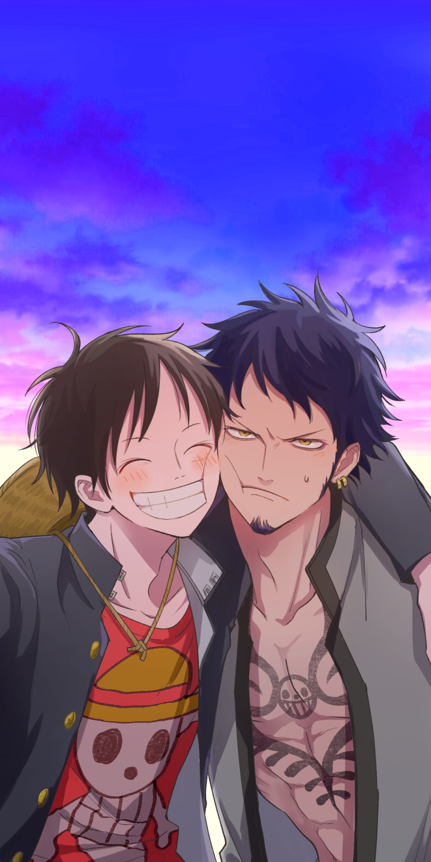 2boys ^_^ abs black_hair blush buttons cheek-to-cheek chest_tattoo closed_eyes clouds commentary_request earrings facial_hair gakuran goatee hat heads_together highres hug jacket jewelry male_focus monkey_d._luffy multiple_boys one_piece open_clothes open_jacket red_shirt school_uniform shirt sky smile straw_hat sunset sweatdrop szk_(szkintama) tattoo trafalgar_law upper_body yellow_eyes