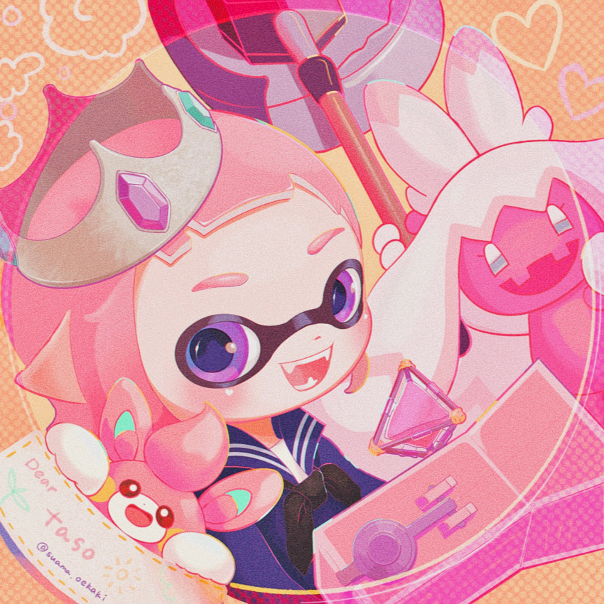 1girl artist_name colored_skin commentary crown gun hammer highres holding holding_gun holding_hammer holding_weapon inkling inkling_girl inkling_player_character looking_at_viewer medium_hair open_mouth pawmi pink_hair pink_skin pointy_ears pokemon pokemon_(creature) smile splat_bomb_(splatoon) splatoon_(series) splattershot_jr_(splatoon) suama_oekaki symbol-only_commentary teeth tentacle_hair tinkaton twitter_username violet_eyes weapon