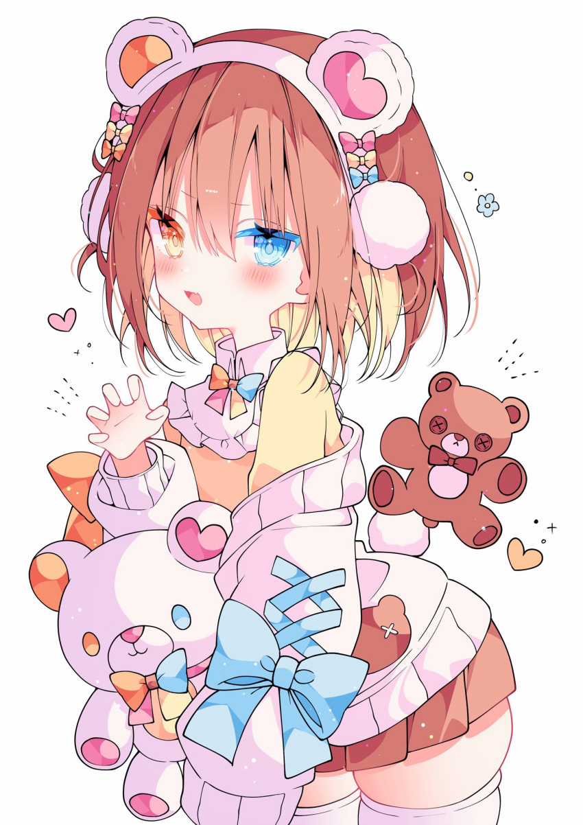 1girl :d blue_eyes brown_hair character_request claw_pose hairband heterochromia highres indie_virtual_youtuber loli open_mouth orange_eyes smile stuffed_animal stuffed_toy suisei_1121 teddy_bear thigh-highs virtual_youtuber white_thighhighs