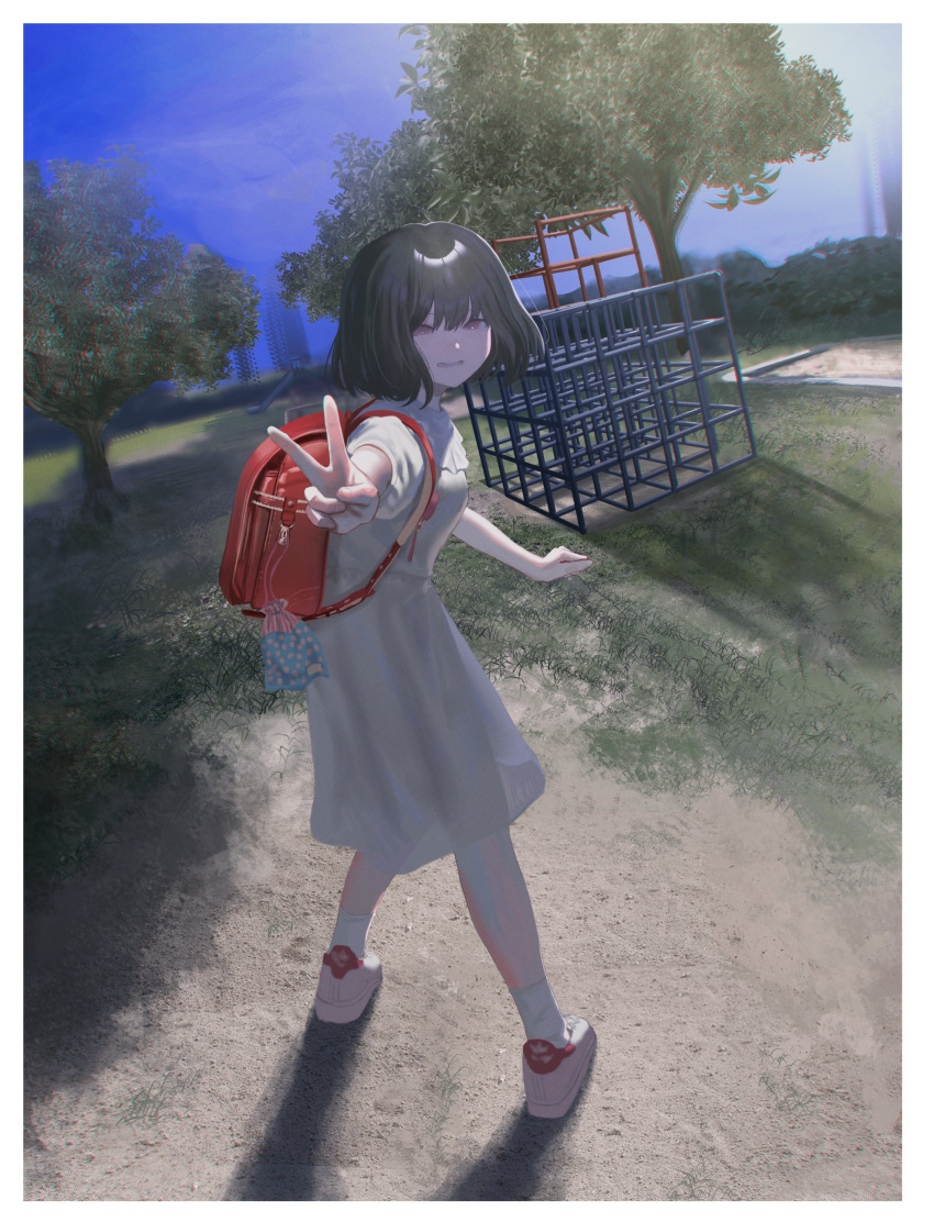 1girl :d absurdres backpack bag black_hair blue_sky day dress from_behind grass hair_between_eyes hand_up highres kyano_(kyanora3141) looking_at_viewer looking_back medium_hair open_mouth original outdoors outstretched_arm park pink_footwear playground randoseru sand shadow shoes short_sleeves sky smile socks solo tree v violet_eyes white_dress white_socks