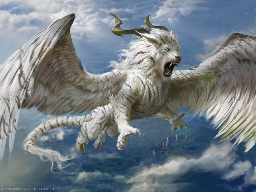 animal_focus blank_eyes blue_sky brown_horns claws clouds company_name copyright_notice day fangs feathered_wings flying from_above full_body herald_of_the_forgotten hooves horns magic:_the_gathering mane manzanedo no_humans open_mouth realistic sky solo tiger white_tiger winged_animal wings