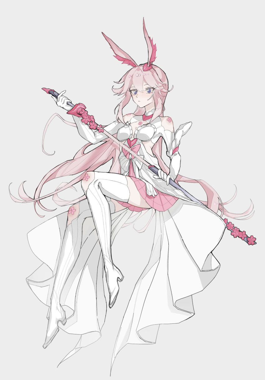 1girl animal_ears boots breasts closed_mouth dress fox_ears full_body gloves grey_background highres holding holding_sword holding_weapon honkai_(series) honkai_impact_3rd katana long_hair looking_at_viewer medium_breasts pink_hair sheath simple_background solo sword thigh_boots unsheathing violet_eyes weapon wedding_dress white_dress white_footwear white_gloves yae_sakura yae_sakura_(flame_sakitama) zhen_wuzei
