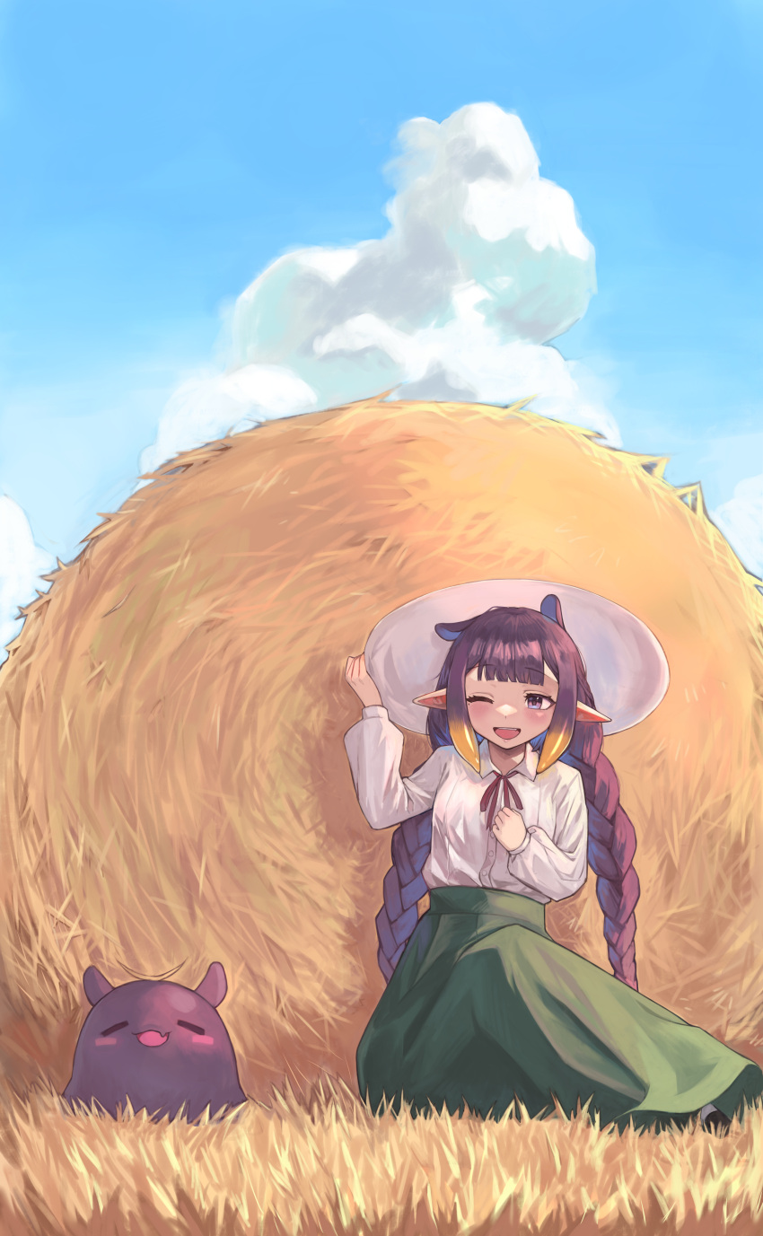 1girl ;d absurdres blue_sky blunt_bangs blush buttons center-flap_bangs clouds collared_shirt commentary_request cumulonimbus_cloud day double-parted_bangs dress_shirt eyelashes fang gradient_hair grass green_skirt hand_on_headwear hands_up hat hay hay_bale highres hololive hololive_english kiwwwwwi long_hair long_skirt long_sleeves mole mole_under_eye multicolored_hair neck_ribbon ninomae_ina'nis on_grass one_eye_closed open_mouth orange_hair outdoors pointy_ears purple_hair red_ribbon ribbon shirt shirt_tucked_in sidelocks sitting skirt sky smile solo takodachi_(ninomae_ina'nis) teeth tentacle_hair upper_teeth_only very_long_hair violet_eyes virtual_youtuber white_headwear white_shirt wing_collar