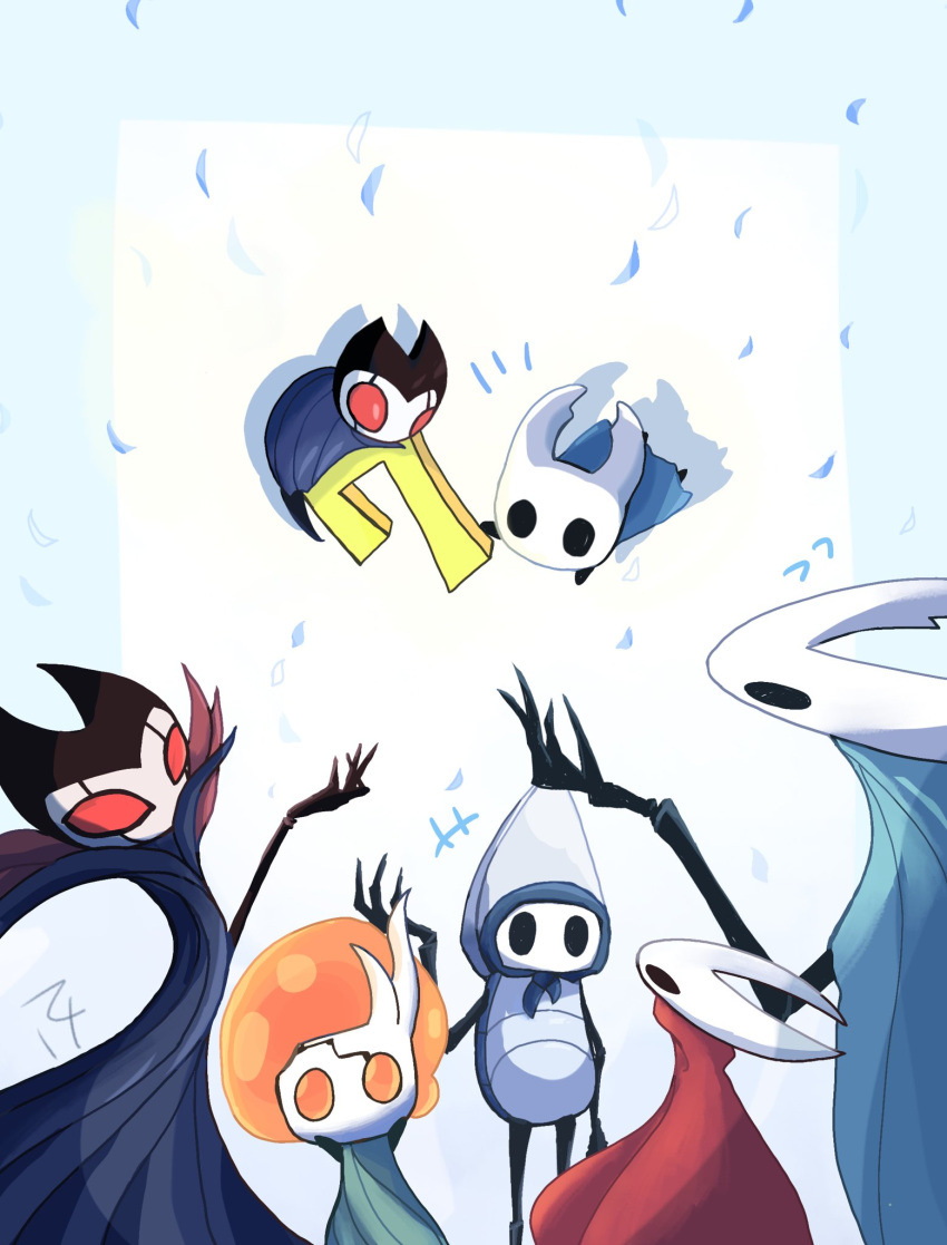 +++ 1girl 2boys 4others anniversary arm_up black_eyes blue_cape broken_vessel_(hollow_knight) bug cape commentary_request grimm_(hollow_knight) grimmchild highres hollow_knight hollow_knight_(character) hornet_(hollow_knight) knight_(hollow_knight) multiple_boys multiple_others nzwixbydhknxjlw quirrel red_eyes
