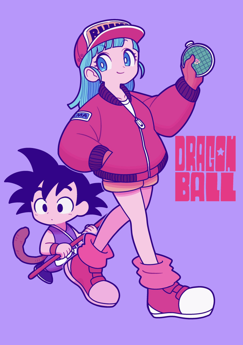 1boy 1girl age_difference ankle_socks bare_legs baseball_cap bear_ringer black_eyes black_footwear black_hair black_outline blue_eyes blue_hair blunt_bangs blunt_ends bright_pupils brown_gloves bulma character_name closed_mouth clothes_writing collarbone commentary copyright_name dot_nose dougi dragon_ball dragon_ball_(classic) dragon_radar eyelashes flat_color full_body gloves hand_in_pocket hand_up happy hat height_difference highres holding holding_weapon jacket letterman_jacket light_blush long_hair looking_afar loose_socks monkey_tail obi orange_socks outline parted_lips partially_unzipped purple_background red_footwear red_headwear red_jacket red_wristband ruyi_jingu_bang sash shirt shoes shorts sideways_glance simple_background smile sneakers socks son_goku spiky_hair straight_hair tail tareme walking weapon white_pupils white_sash white_shirt wide-eyed wristband yellow_shorts zipper