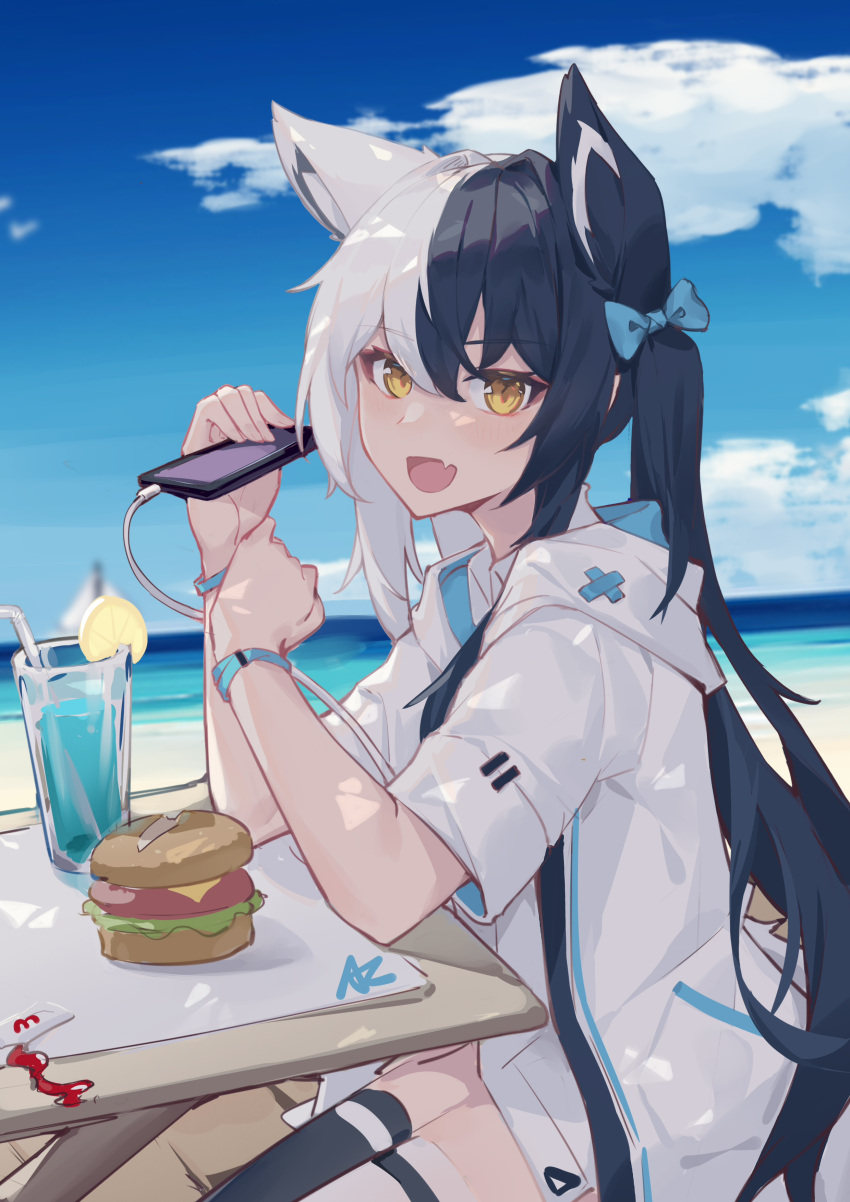 1girl :d absurdres animal_ear_fluff animal_ears asymmetrical_legwear azumi_(8809464) beach black_hair black_thighhighs blue_bow blue_sky bow burger cellphone clouds crab cup day drink drinking_glass drinking_straw fang food fox_ears fox_girl fruit hair_between_eyes hair_bow highres holding holding_phone hood hood_down jacket long_hair looking_at_viewer mismatched_legwear multicolored_hair ocean open_mouth original outdoors phone short_sleeves single_thighhigh sitting skin_fang sky smartphone smile solo split-color_hair table thigh-highs twintails two-tone_hair white_hair white_jacket white_thighhighs yellow_eyes