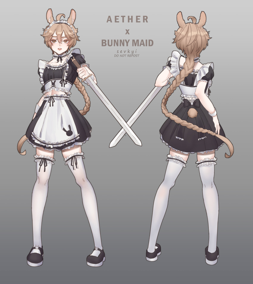1boy absurdres aether_(genshin_impact) animal_ears black_footwear black_skirt blonde_hair braid brown_eyes full_body genshin_impact grey_background highres holding holding_sword holding_weapon long_hair looking_at_viewer maid maid_headdress male_focus multiple_views rabbit_ears sevkyi simple_background single_braid skirt sword thigh-highs weapon white_thighhighs