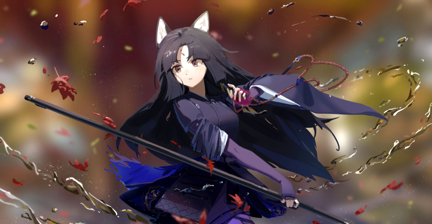 1girl animal_ears arknights armor beads black_hair black_kimono blue_tail blurry blurry_background brown_eyes cowboy_shot dog_ears dog_girl dog_tail e_hun_touzi elbow_gloves facial_mark fingerless_gloves forehead_mark gloves hand_up highres holding holding_weapon japanese_armor japanese_clothes kimono kusazuri leaf light_particles long_hair looking_to_the_side parted_lips purple_gloves saga_(arknights) sleeves_pushed_up solo standing tail water weapon wide_sleeves