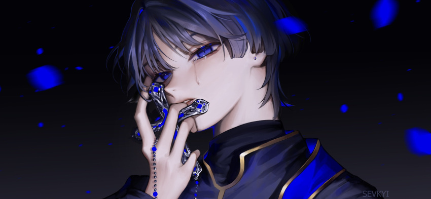 1boy alternate_costume black_background black_jacket black_shirt blue_eyes blue_hair blue_petals close-up cross crying crying_with_eyes_open earrings falling_petals genshin_impact hand_on_own_face highres holding holding_cross jacket jewelry looking_at_viewer male_focus multicolored_hair parted_lips petals portrait purple_hair rosary scaramouche_(genshin_impact) sevkyi shirt short_hair simple_background solo streaming_tears stud_earrings tears turtleneck