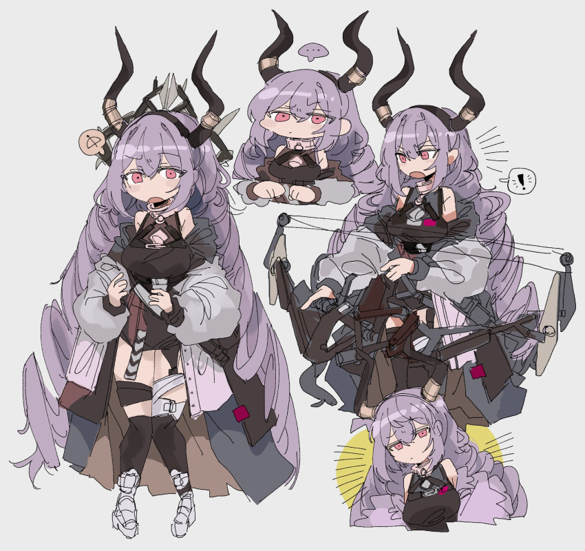 ! ... 1girl :o arknights black_horns black_shirt black_thighhighs blush bow_(weapon) breasts closed_mouth compound_bow dot_mouth fake_horns garter_straps grey_background hair_between_eyes highres holding holding_bow_(weapon) holding_weapon horns jacket knees_together_feet_apart large_breasts long_hair long_sleeves looking_at_viewer multiple_views odmised off_shoulder open_clothes open_jacket open_mouth pink_eyes purple_hair shirt sidelocks simple_background single_thighhigh sleeveless sleeveless_shirt spoken_ellipsis spoken_exclamation_mark thigh-highs thighs typhon_(arknights) very_long_hair weapon white_jacket