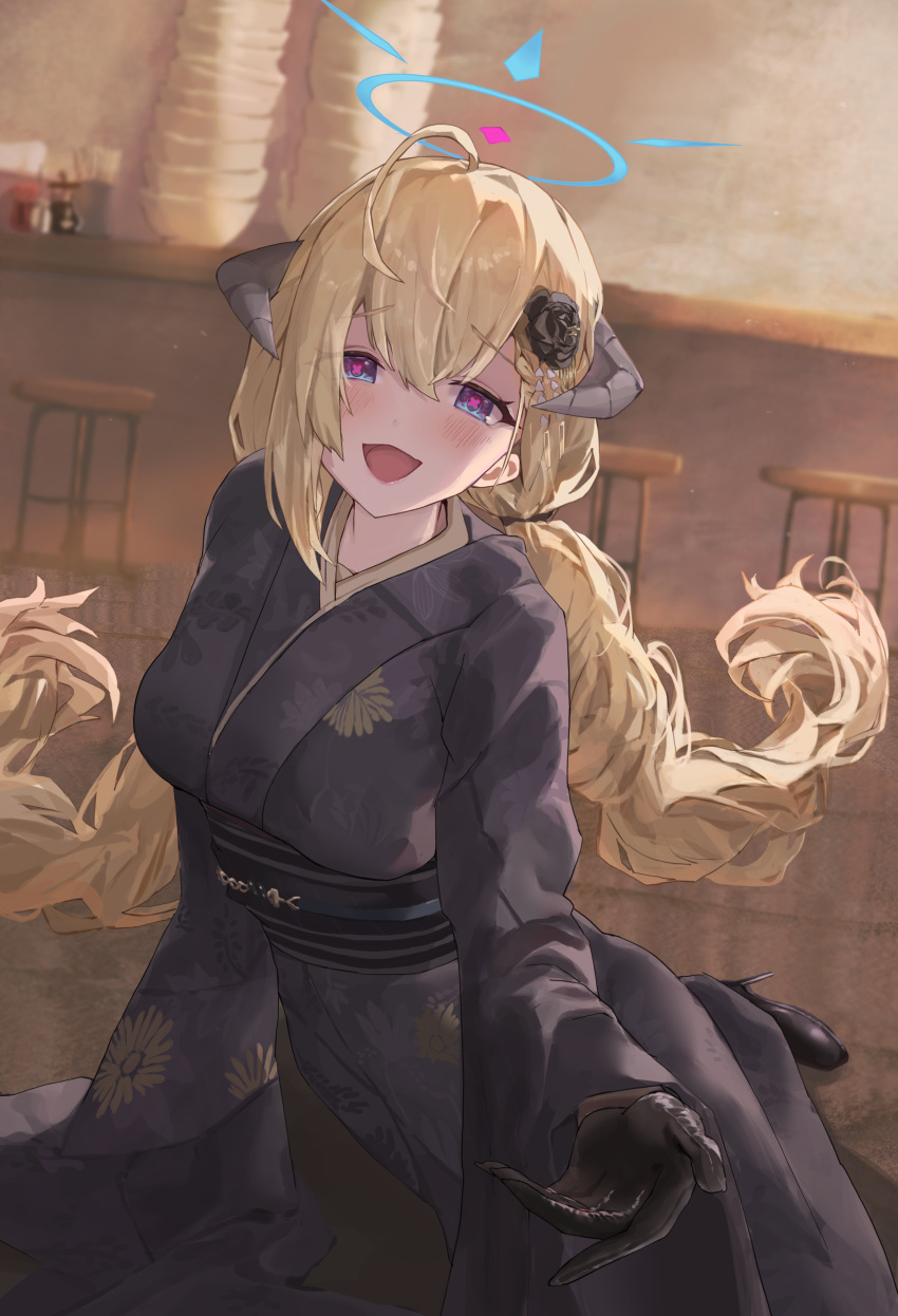 1girl absurdres akari_(blue_archive) akari_(new_year)_(blue_archive) black_gloves black_horns black_kimono blonde_hair blue_archive blue_eyes blue_halo blush breasts demon_horns gloves hair_between_eyes halo highres horns japanese_clothes kimono large_breasts long_hair long_sleeves nekoplanetouo obi official_alternate_costume open_mouth sash smile solo wide_sleeves
