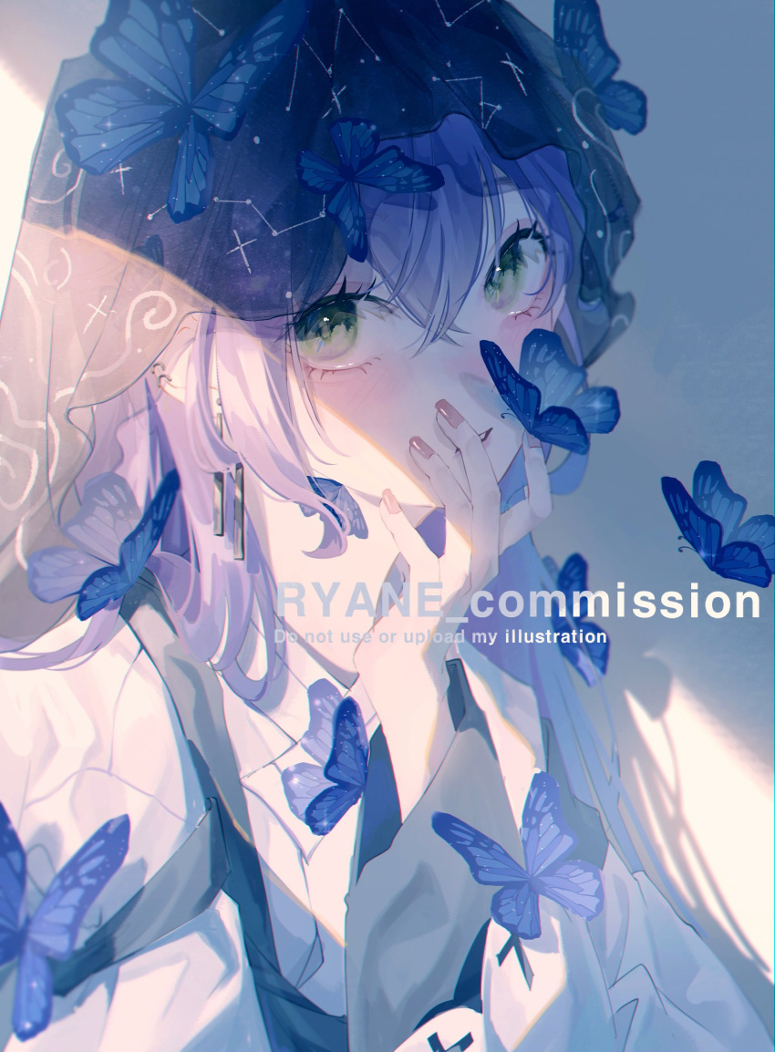 1girl absurdres blue_butterfly blush bug butterfly butterfly_on_hand commission drop_earrings earrings english_text green_eyes hair_between_eyes highres jewelry long_hair long_sleeves looking_at_viewer original purple_hair ryane_(yry_0) shade solo upper_body veil watermark