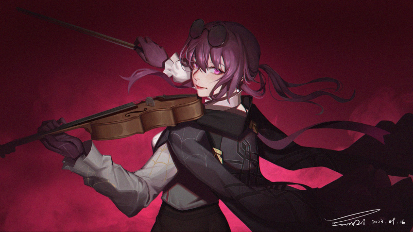 1girl 2023 black_jacket bow_(music) collared_shirt dated eyewear_on_head gloves hair_between_eyes highres holding holding_instrument holding_violin honkai:_star_rail honkai_(series) instrument jacket juwdi kafka_(honkai:_star_rail) long_hair long_sleeves looking_at_viewer music pince-nez playing_instrument ponytail purple_gloves purple_hair red_background round_eyewear shirt sidelocks signature smile solo sunglasses upper_body violet_eyes violin white_shirt