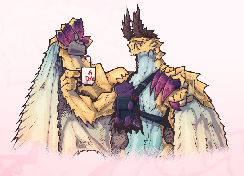 1boy 1other alternate_size b00rad baby baby_carrier black_horns black_skin blue_skin brown_eyes colored_skin commentary cup dragon dragon_tail dragon_wings english_commentary english_text extra_arms gore_magala highres holding holding_coffee_pot holding_cup horns looking_to_the_side monster_hunter_(series) no_eyes purple_claws red_claws shagaru_magala sharp_teeth simple_background smile standing steam tail teeth unamused wings yellow_skin