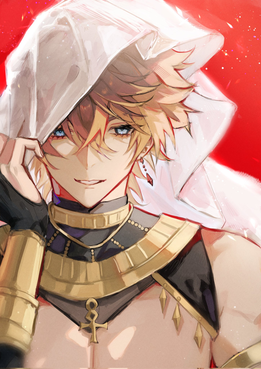 1boy adjusting_clothes adjusting_headwear ankh bare_shoulders black_gloves blue_eyes brown_hair clenched_teeth drop_earrings earrings genshin_impact gloves highres jewelry mayu_mey muscular muscular_male open_mouth orange_hair red_background simple_background smile solo tartaglia_(genshin_impact) teeth upper_body usekh_collar white_veil