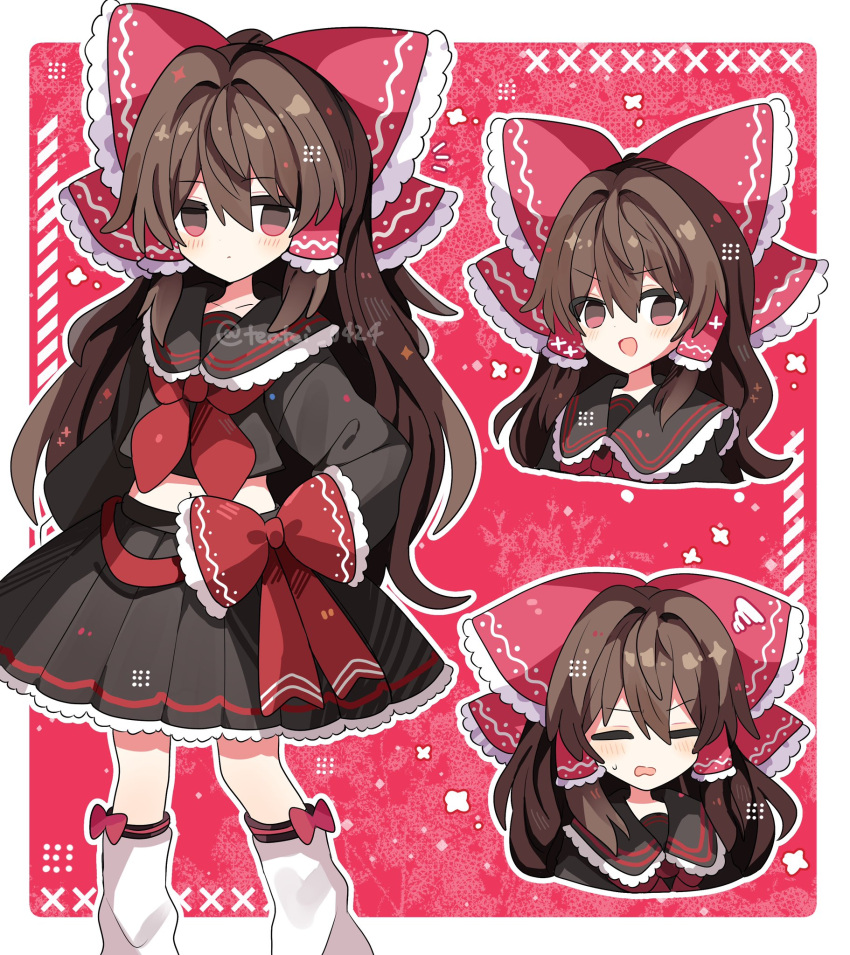 1girl :d alternate_costume black_shirt black_skirt blush bow bow_skirt bowtie brown_eyes brown_hair closed_mouth collar cropped_shirt expressive_clothes frilled_bow frilled_collar frilled_hair_tubes frilled_skirt frills hair_bow hair_tubes hakurei_reimu highres long_hair long_sleeves midriff multiple_views navel pleated_skirt red_background red_bow red_bowtie shirocha_tei shirt skirt smile squiggle touhou very_long_hair