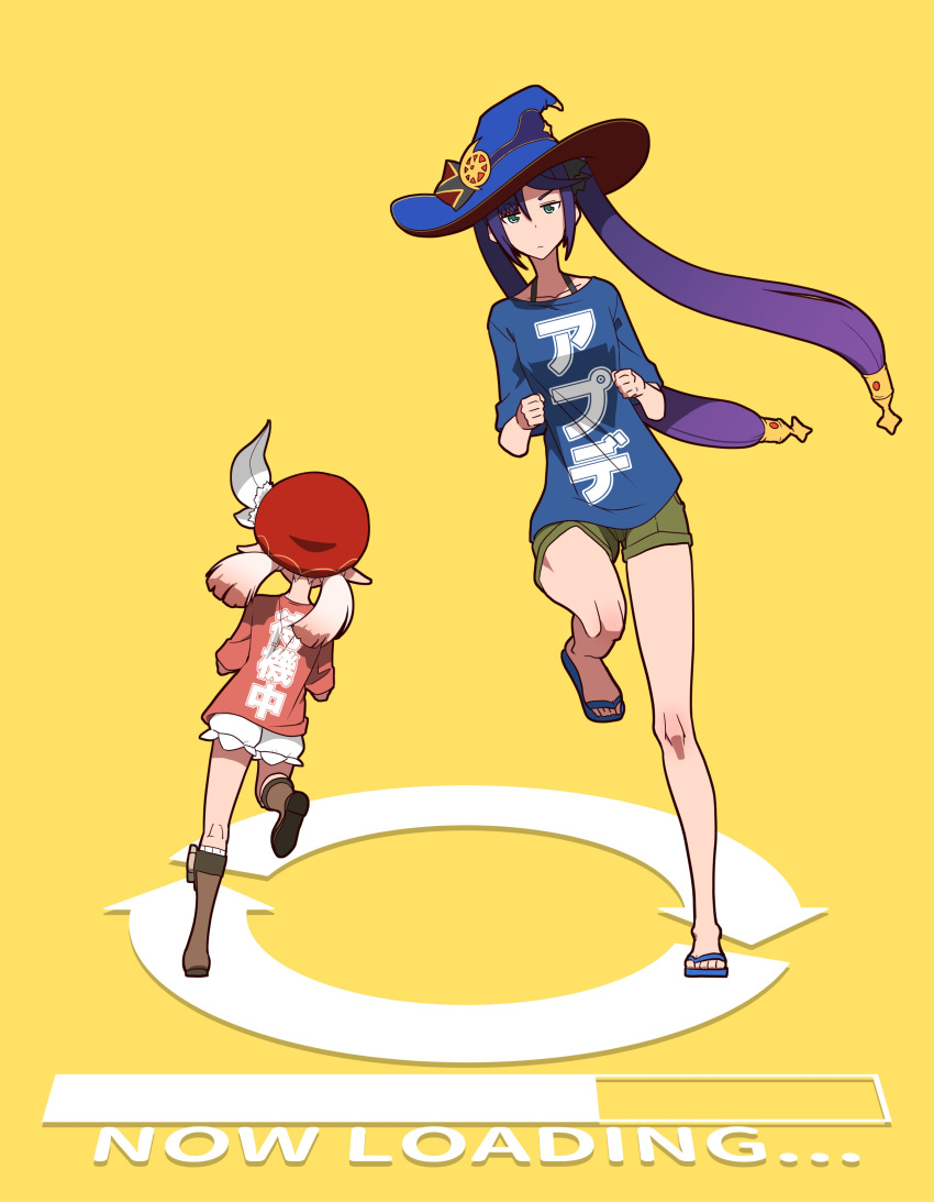 2girls :| absurdres bare_legs beret blue_footwear blue_headwear blue_shirt bow closed_mouth dot_nose expressionless floating_hair genshin_impact gradient_hair green_eyes green_shorts hair_between_eyes hat highres imtmcomics klee_(genshin_impact) knee_up leaning_to_the_side loading_screen long_hair long_sleeves looking_at_viewer low_twintails mona_(genshin_impact) multicolored_hair multiple_girls pointy_ears print_shirt purple_hair red_headwear red_shirt redhead running sandals shirt short_shorts shorts simple_background sleeves_rolled_up twintails very_long_hair white_bow white_hair white_shorts witch_hat yellow_background