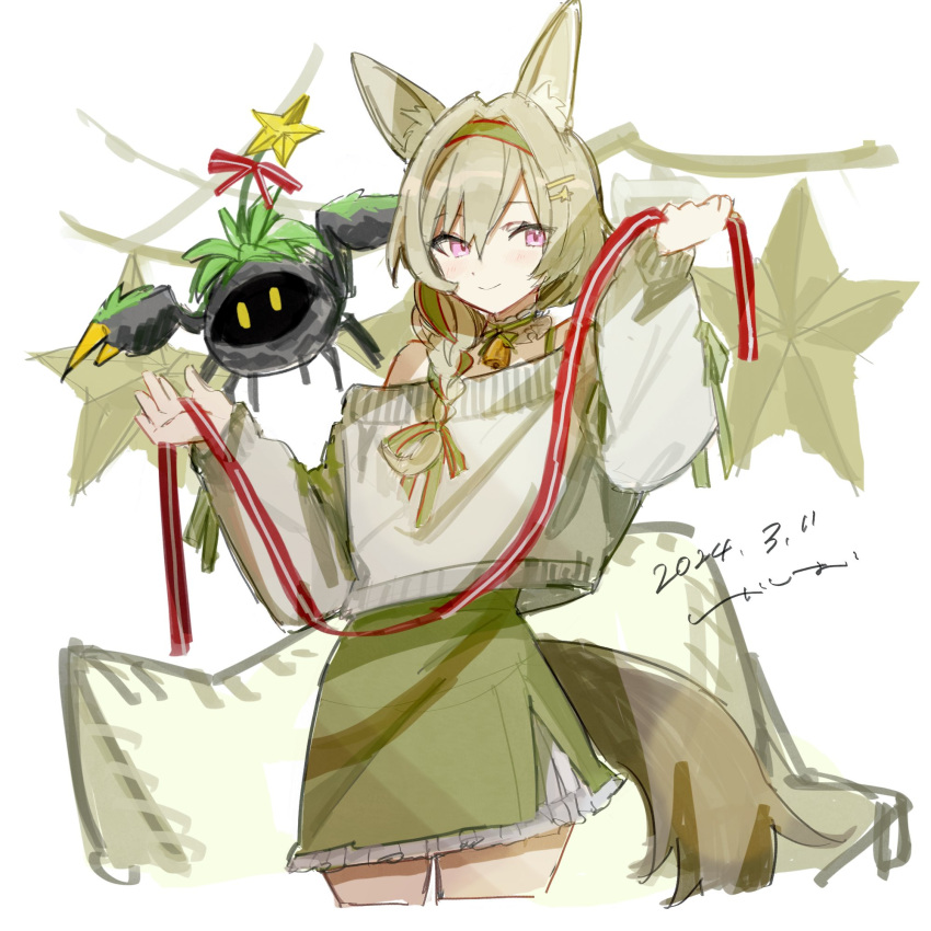 1girl animal_ear_fluff animal_ears arknights bare_shoulders beanstalk_(arknights) beanstalk_(gift_uncompleted)_(arknights) bell braid brown_hair closed_mouth commentary_request dated green_hairband green_skirt hair_between_eyes hair_ornament hair_over_shoulder hairband hairclip hands_up highres holding holding_ribbon k-yosinori long_hair long_sleeves neck_bell off-shoulder_shirt off_shoulder puffy_long_sleeves puffy_sleeves red_ribbon ribbon shirt signature simple_background single_braid sketch skirt sleeves_past_wrists smile star_(symbol) tail violet_eyes white_background white_shirt