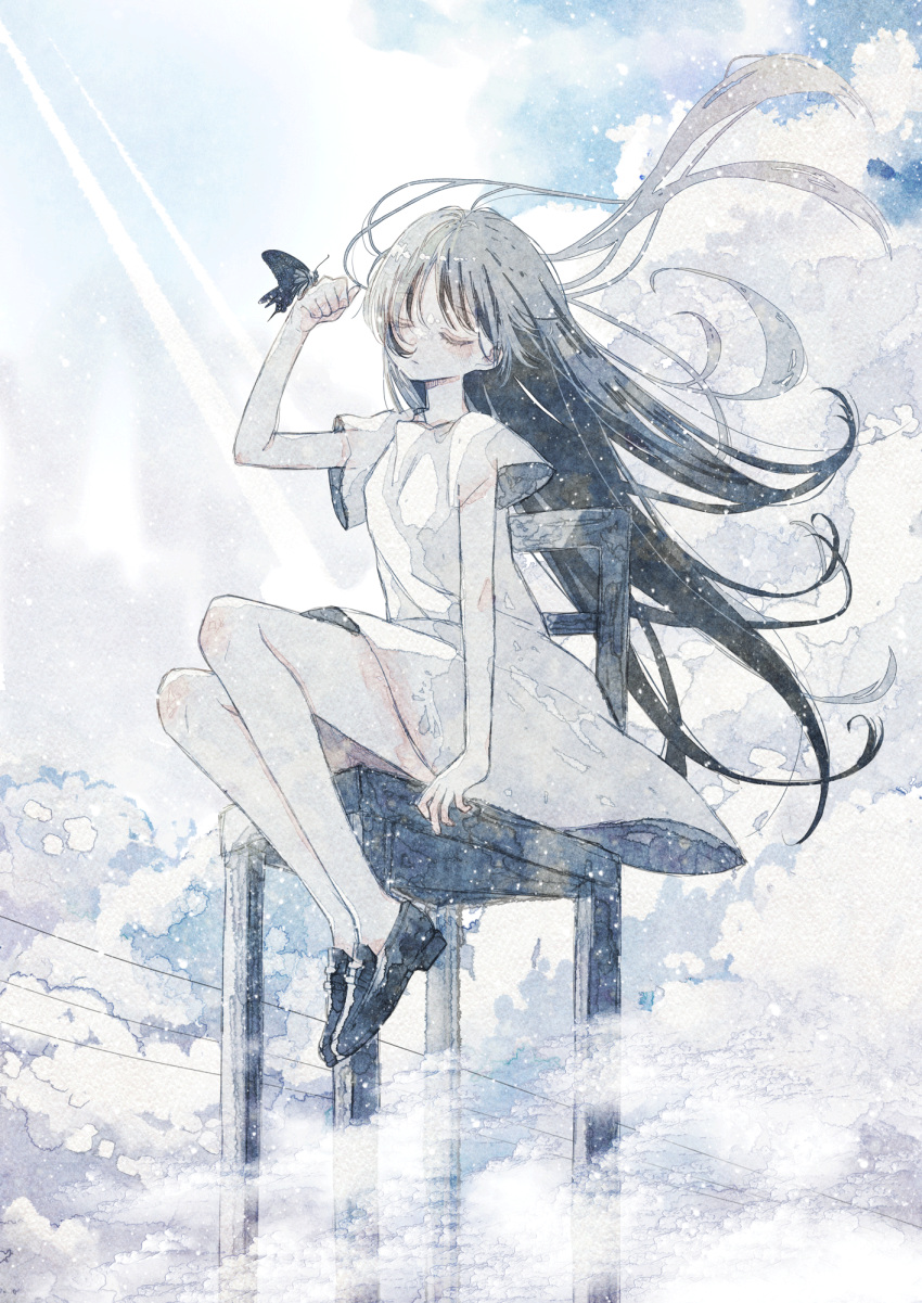 1girl black_footwear black_hair bug butterfly butterfly_on_hand chair closed_eyes closed_mouth clouds cloudy_sky dress floating_hair full_body highres long_hair original oseto_(oxxsexxto) outdoors painting_(medium) shoes short_sleeves sitting sky solo traditional_media very_long_hair watercolor_(medium) white_dress