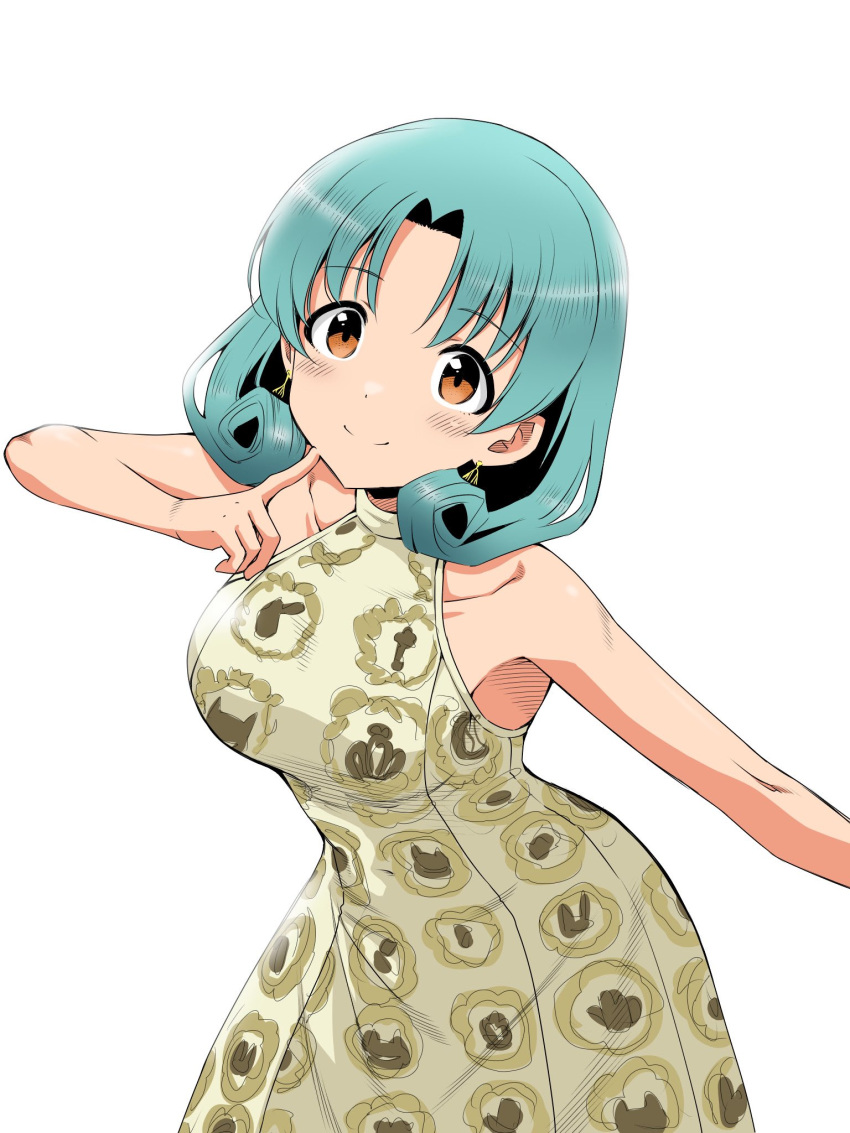 1girl armpits bare_shoulders breasts brown_eyes closed_mouth collarbone cowboy_shot curly_hair dot_nose dress earrings finger_to_cheek forehead green_hair highres idolmaster idolmaster_million_live! idolmaster_million_live!_theater_days jewelry large_breasts light_smile looking_at_viewer matcha_kingyo parted_bangs print_dress solo standing