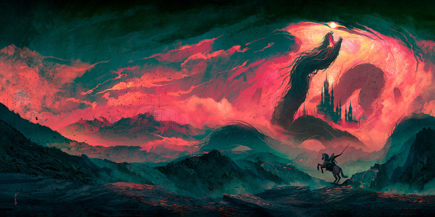 1boy album_cover building castle clouds colossus commentary cover dragon english_commentary fantasy highres horse horseback_riding limited_palette link monster mountain mountainous_horizon ninois open_mouth outdoors rearing red_sky riding scenery silhouette sky sun the_legend_of_zelda very_wide_shot wyrm