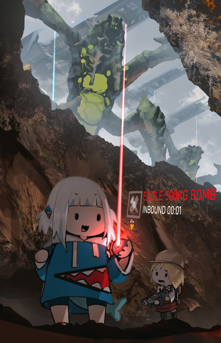 2girls :d absurdres advarcher assault_rifle blonde_hair blue_jacket blunt_bangs brown_headwear bug chibi commentary crater drawstring english_commentary english_text fist_pump gameplay_mechanics gawr_gura gun hat helldivers_(series) highres holding holding_gun holding_tool holding_weapon hololive hololive_english hood hood_down hooded_jacket jacket laser medium_hair monster multiple_girls open_mouth plaid plaid_skirt pleated_skirt red_skirt rifle sidelocks skirt smile solid_oval_eyes virtual_youtuber watson_amelia weapon