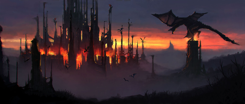animal_focus building burning city cityscape clouds cloudy_sky commentary destruction dragon emmanuel_shiu english_commentary fantasy fire flying from_side highres no_humans open_mouth orange_sky original outdoors scenery sky sunset tail western_dragon wings wyvern