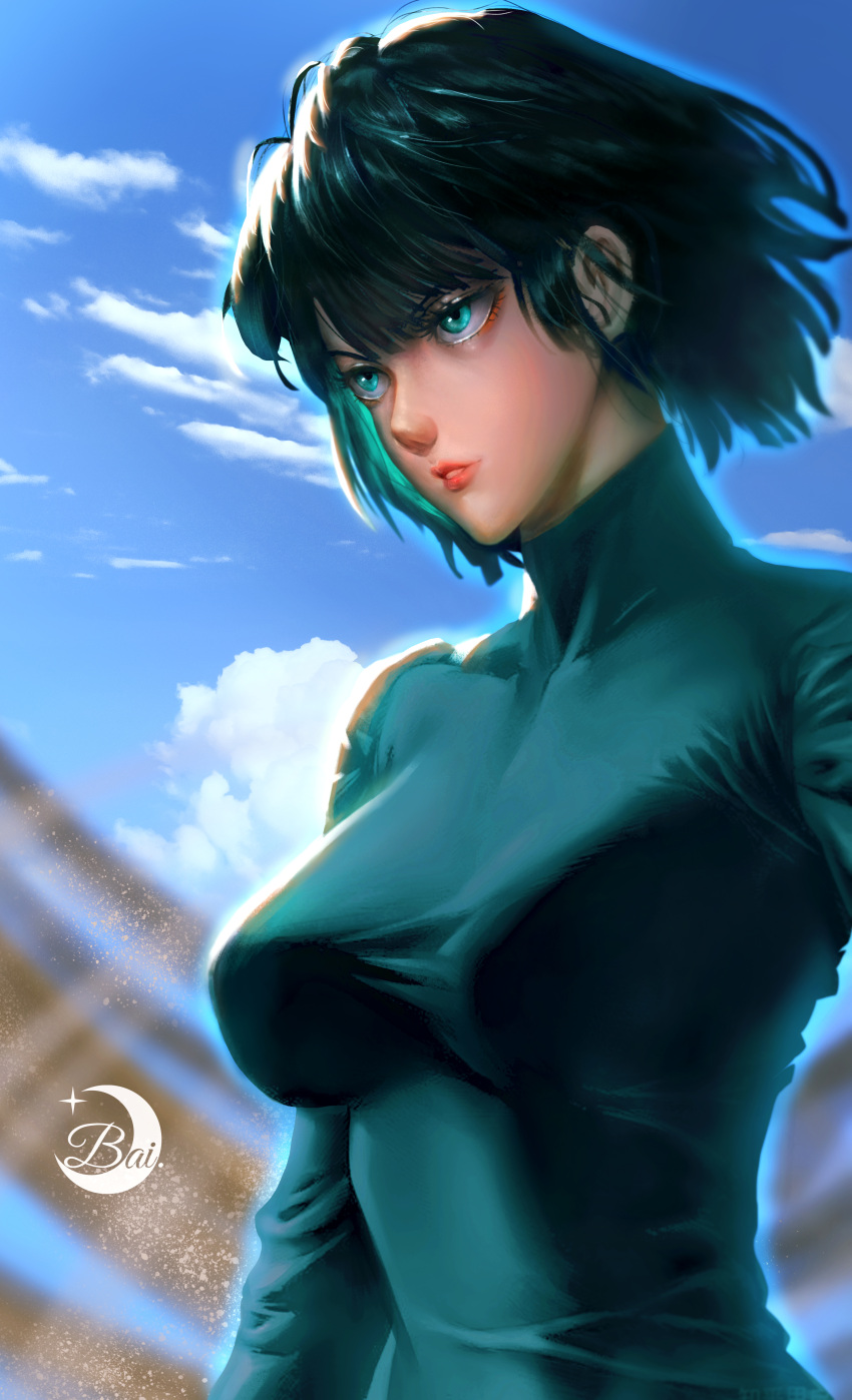 1girl absurdres blunt_bangs chinese_commentary closed_mouth clouds cloudy_sky commentary_request crescent_moon dress fubuki_(one-punch_man) green_dress green_eyes green_hair highres mixed-language_commentary moon one-punch_man outdoors short_hair signature sky solo teeth turtleneck xiaobaiatnight