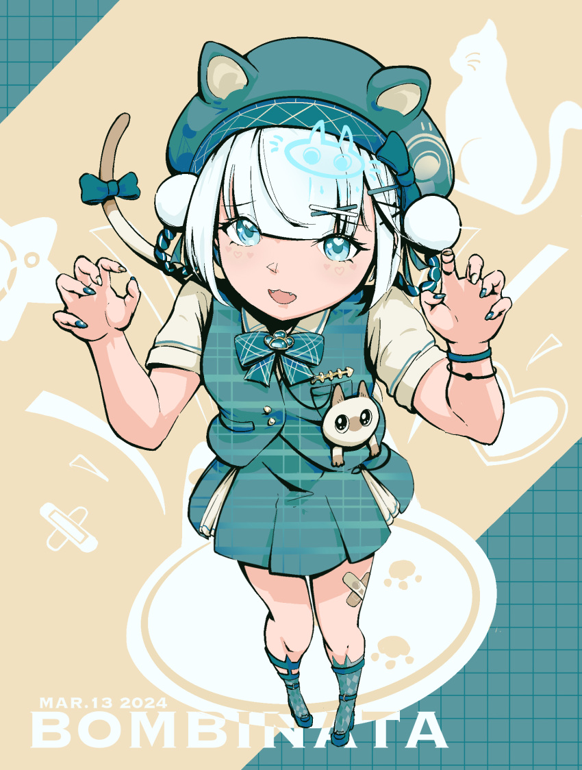1girl alternate_costume animal_ear_headwear bambinata_(punishing:_gray_raven) bandaid bandaid_on_leg beret black_hair blue_eyes bow bracelet braided_hair_rings cat_tail character_name checkered_clothes checkered_jacket checkered_skirt dated fangs fish_bone green_bow green_footwear green_headwear green_jacket green_nails green_skirt grey_shirt hair_ornament hairclip hat heart heart-shaped_pupils highres jacket jewelry metaldaisy multicolored_hair open_mouth paw_pose pom_pom_(clothes) punishing:_gray_raven shirt short_sleeves skirt sleeveless sleeveless_jacket solo symbol-shaped_pupils tail tail_bow tail_ornament two-tone_hair white_hair x_hair_ornament