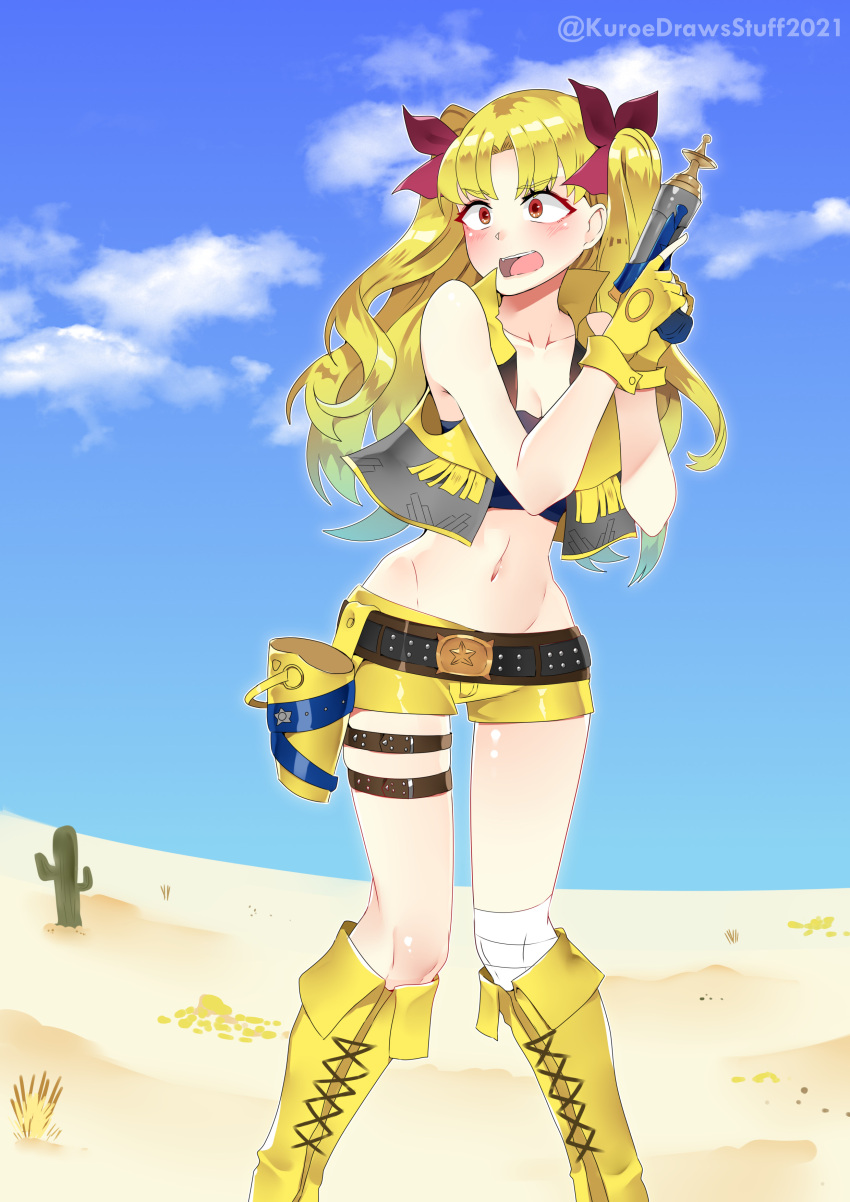 1girl absurdres artist_name bandaged_knees bandaged_leg bandages bandeau belt belt_buckle black_belt blonde_hair blue_bandeau blue_sky boots brown_belt buckle cactus clouds cosplay cropped_vest cross-laced_footwear dated desert energy_gun english_commentary ereshkigal_(fate) fate/grand_order fate_(series) fingerless_gloves full_body gloves grass gun hair_ribbon handgun highres holding holding_gun holding_weapon holster horizon ishtar_(fate) knees_together_feet_apart kuroeart lace-up_boots landscape light_blush long_hair looking_to_the_side nature navel open_mouth outdoors outline ray_gun red_eyes red_ribbon ribbon short_shorts shorts sky solo space_ishtar_(fate) space_ishtar_(fate)_(cosplay) star_(symbol) studded_belt teeth thigh_belt thigh_strap twintails twitter_username upper_teeth_only vest weapon white_outline yellow_footwear yellow_gloves yellow_shorts yellow_vest