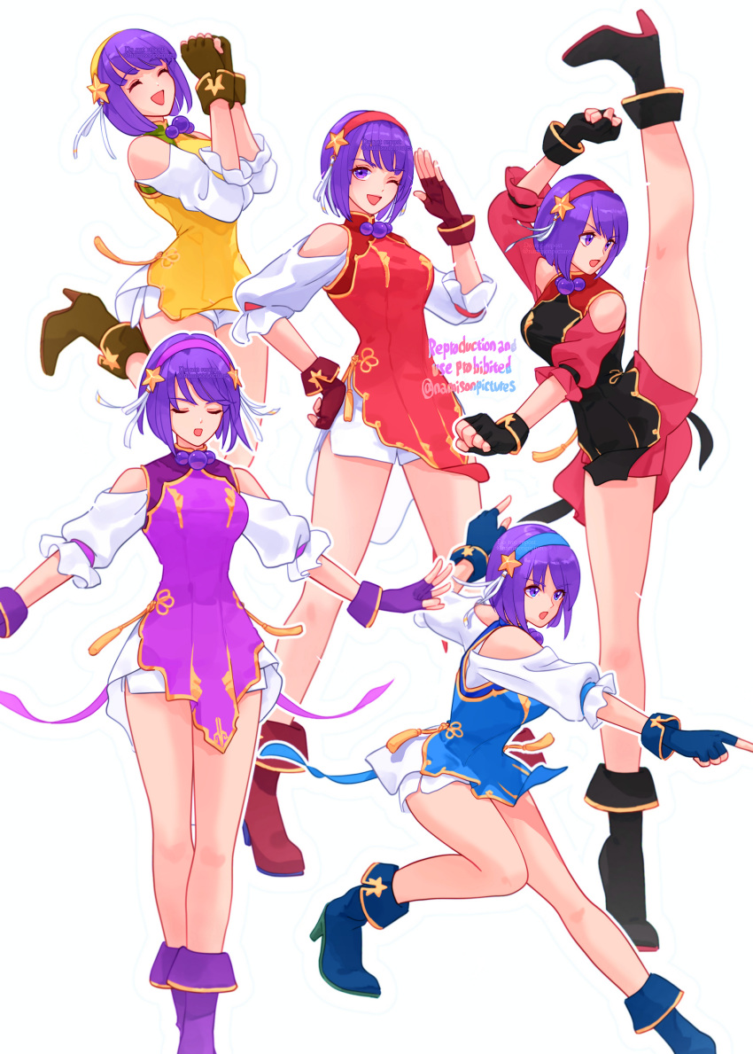 absurdres alternate_color asamiya_athena black_dress blue_dress china_dress chinese_clothes closed_eyes clothing_cutout dress fingerless_gloves gloves hair_ornament hairband hand_on_own_hip highres idol jewelry multiple_views namisonpictures necklace purple_hair red_dress red_hairband salute short_hair short_shorts shorts shoulder_cutout star_(symbol) star_hair_ornament the_king_of_fighters violet_eyes
