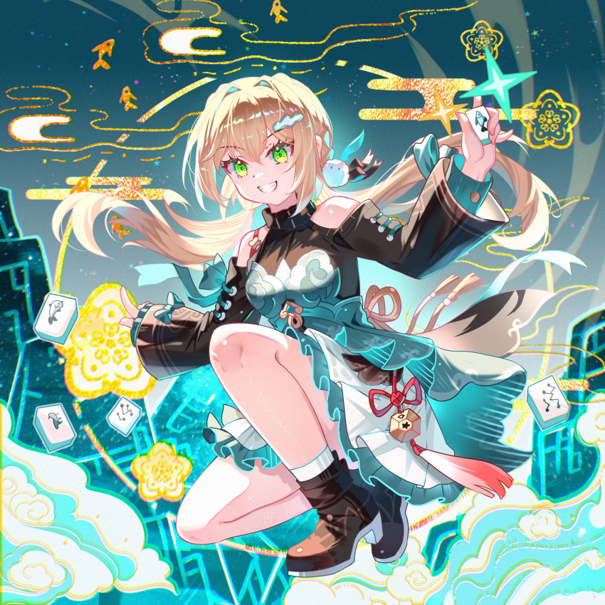 1girl bare_shoulders black_dress boots bow clothing_cutout clouds dress fish green_bow green_dress green_eyes green_sleeves hair_ornament hairclip highres honkai:_star_rail honkai_(series) layered_clothes long_hair long_sleeves low_twintails mahjong mahjong_tile qingque_(honkai:_star_rail) shoulder_cutout skirt smile solo teeth twintails viclim-monou