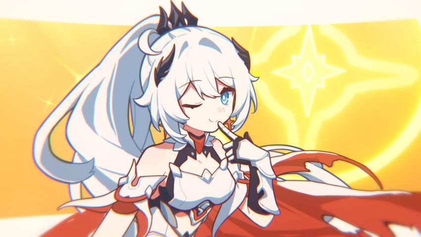 1girl armor bare_shoulders blue_eyes breastplate closed_mouth collarbone crown detached_sleeves gauntlets hand_up high_ponytail highres honkai_(series) honkai_impact_3rd kiana_kaslana kiana_kaslana_(herrscher_of_flamescion) long_hair looking_at_viewer one_eye_closed smile solo very_long_hair white_armor white_hair xiaohutu yellow_background