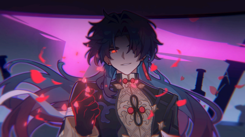1boy bandages black_coat black_ribbon blade_(honkai:_star_rail) blue_hair clenched_hand closed_mouth coat earrings expressionless falling_petals flower hand_up highres honkai:_star_rail honkai_(series) jewelry long_hair looking_at_viewer male_focus parted_bangs petals purple_background red_eyes red_flower ribbon solo tassel tassel_earrings upper_body very_long_hair xiaohutu