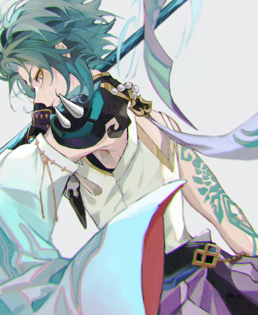 1boy arm_tattoo armor back_cutout black_pants closed_mouth clothing_cutout detached_sleeves facial_mark forehead_mark from_below from_side frown genshin_impact green_hair highres holding holding_polearm holding_weapon jewelry looking_back male_focus mayu_mey necklace pants pauldrons pearl_necklace polearm shirt short_hair shoulder_armor sideways_glance simple_background single_bare_shoulder single_detached_sleeve single_pauldron sleeveless sleeveless_shirt solo spear tattoo weapon white_background white_shirt wide_sleeves xiao_(genshin_impact) yellow_eyes