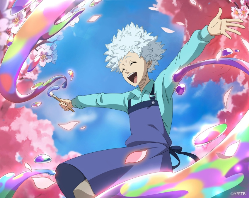 1boy apron black_clover black_clover_m:_rise_of_the_wizard_king blue_apron blue_shirt blue_sky cherry_blossoms closed_eyes day magic official_alternate_costume official_art open_mouth outdoors outstretched_arms paintbrush petals pink_petals rill_boismortier rose_petals shirt short_hair sky solo spiky_hair spread_arms teeth upper_teeth_only white_hair