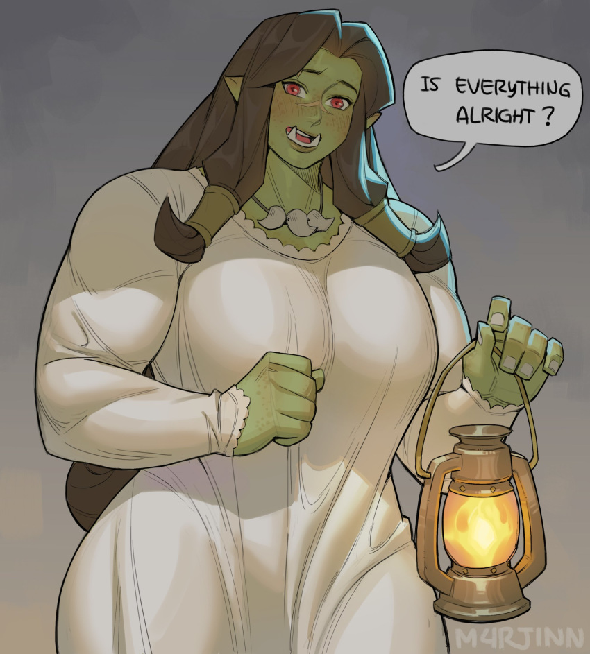 1girl black_hair breasts colored_skin commentary curvy female_orc fingernails fraeya_(m4rjinn) freckles green_lips green_skin hair_tubes highres holding holding_lantern huge_breasts jewelry lantern long_hair looking_at_viewer m4rjinn muscular muscular_female necklace nightgown orc original pointy_ears red_eyes scar scar_on_face scar_on_nose solo symbol-only_commentary teeth tooth_necklace tusks very_long_hair white_nightgown