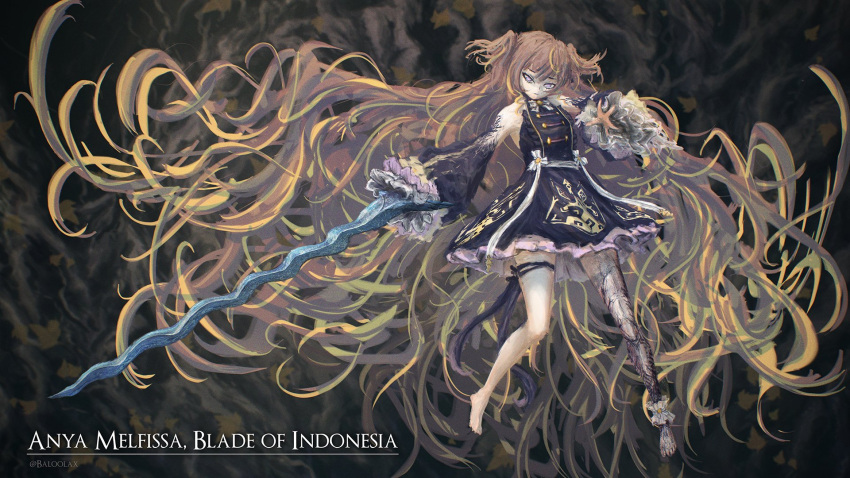 1girl anya_melfissa baloolax bare_shoulders barefoot black_dress blonde_hair bow brown_hair closed_mouth colored_veins detached_sleeves dress frilled_dress frilled_sleeves frills full_body highres holding holding_sword holding_weapon hololive hololive_indonesia leaf long_hair long_sleeves multicolored_hair orange_gemstone puffy_sleeves sidelocks sleeveless sleeves_past_wrists solo sword two-tone_hair very_long_hair violet_eyes virtual_youtuber wavy_hair weapon