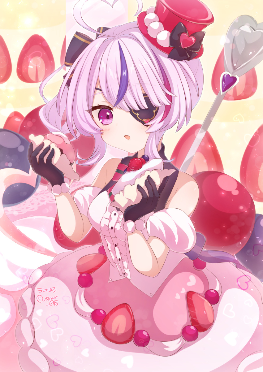 1girl absurdres ahoge back_bow blush bow cake center_frills commentary dress eyepatch food food-themed_clothes frills fruit gloves hat heart heart_ahoge highres holding holding_food maria_marionette mini_hat mini_top_hat multicolored_hair nijisanji nijisanji_en open_mouth pink_hair purple_hair side_ponytail sleeveless sleeveless_dress solo strawberry streaked_hair top_hat usari_sk violet_eyes virtual_youtuber white_hair