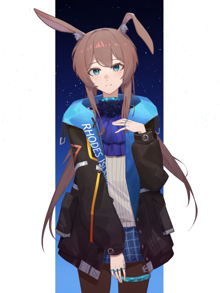 1girl amiya_(arknights) animal_ears arknights ascot black_jacket blue_collar blue_eyes blue_jacket blue_skirt blush border brown_hair brown_pantyhose closed_mouth clothes_writing collar cowboy_shot e_hun_touzi ear_down grey_sweater hand_on_own_chest hand_up highres infection_monitor_(arknights) jacket jewelry long_hair long_sleeves looking_at_viewer miniskirt open_clothes open_jacket outside_border pantyhose purple_ascot rabbit_ears rabbit_girl ring sidelocks skirt sky smile solo split_mouth standing star_(sky) starry_sky sweater two-sided_fabric two-sided_jacket white_border