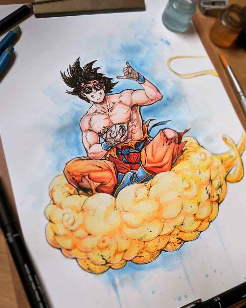 1boy absurdres black_hair colored_pencil_(medium) dougi dragon_ball dragon_ball_z food full_body grin highres l.r.silva looking_at_viewer male_focus muscular muscular_male nipples pants pectorals photo_(medium) simple_background sitting smile solo son_goku spiky_hair sunglasses topless_male traditional_media