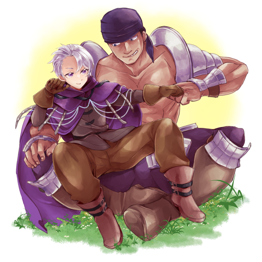 2boys affectionate armor armored_boots bishounen boots brown_gloves bruno_(unicorn_overlord) cloak colored_eyelashes commentary_request crossed_legs curtained_hair fantasy fist_bump full_body gloves grey_hair grin hair_slicked_back highres knee_boots leaning_on_person looking_at_another male_focus multiple_boys muscular muscular_male on_grass pectorals purple_bandana purple_cloak short_hair shoulder_armor simple_background sitting sitting_on_lap sitting_on_person size_difference sketch smile spread_legs teeth thick_eyelashes topless_male travis_(unicorn_overlord) two-tone_background unicorn_overlord violet_eyes white_background yellow_background yk_(waikeee)