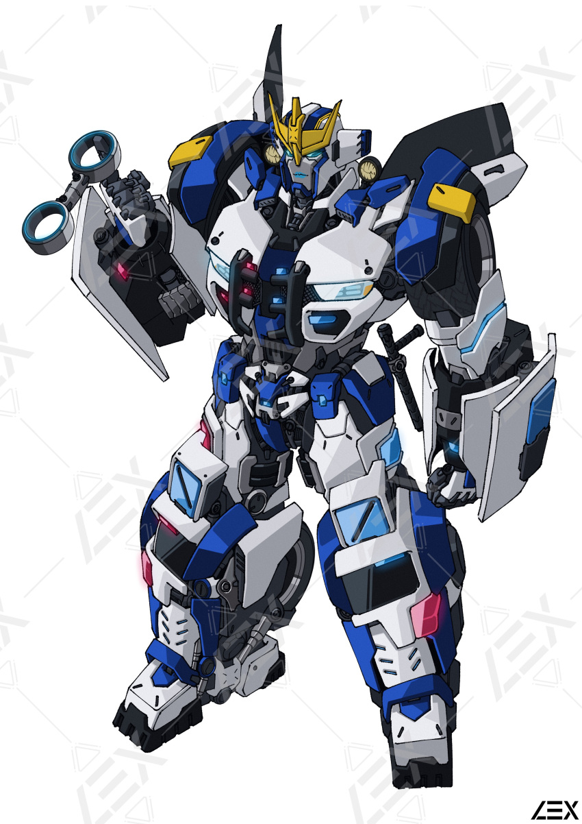 absurdres autobot blue_eyes blue_lips commission cuffs frown handcuffs highres lextodrawstuff looking_ahead mecha redesign robot science_fiction smile solo strongarm_(transformers) transformers transformers:_robots_in_disguise_(2015) v-fin watermark