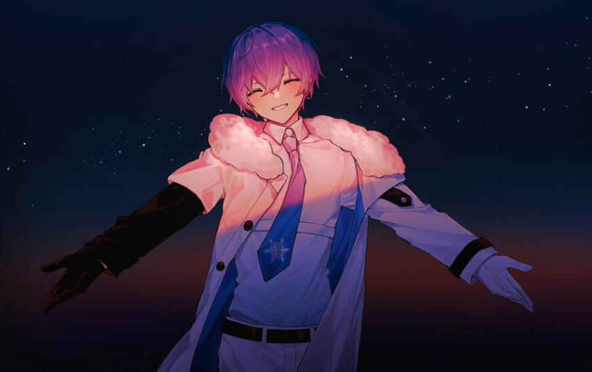1boy black_gloves blue_necktie blush coat collared_shirt commentary evening facing_viewer fur-trimmed_coat fur_trim gloves gradient_background hair_between_eyes happy highres kaito_(vocaloid) male_focus necktie night night_sky open_clothes open_coat outstretched_arms pants project_diva_(series) shirt short_hair sky smile solo spread_arms standing symbol-only_commentary teeth upper_body vocaloid white_gloves white_pants zhou_huan_(dgpe2833)