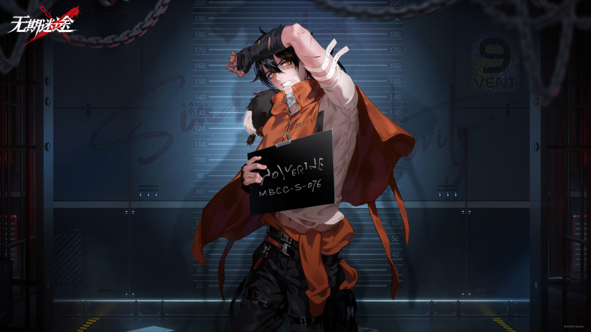 1boy against_wall arm_belt arm_on_own_head arm_up bandaid bandaid_on_face black_gloves black_hair black_pants chain character_name clenched_teeth clothes_around_waist copyright_name cowboy_shot fingerless_gloves gloves hands_up height_mark highres holding holding_sign indoors logo looking_at_viewer looking_to_the_side male_focus mugshot official_art official_wallpaper orange_cloak pants path_to_nowhere prison_cell prison_clothes scar scar_on_arm scar_on_face shirt short_hair short_sleeves sign solo teeth white_shirt wolverine_(path_to_nowhere) yellow_eyes