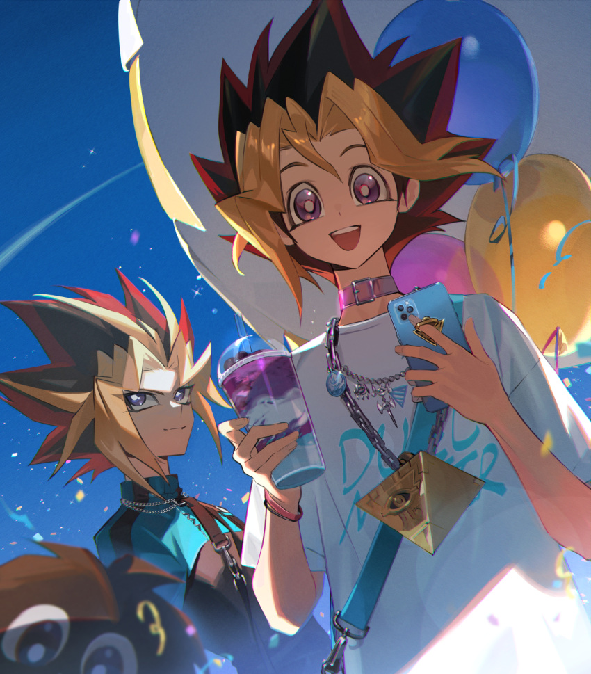2boys balloon black_choker black_hair blonde_hair blue_sky choker drink happy highres holding holding_drink holding_phone inkerpape jewelry kuriboh light_particles looking_at_viewer male_focus millennium_puzzle monster multicolored_hair multiple_boys mutou_yuugi open_mouth outdoors phone redhead sky smile spiky_hair teeth upper_body upper_teeth_only violet_eyes yami_yuugi yu-gi-oh! yu-gi-oh!_duel_monsters