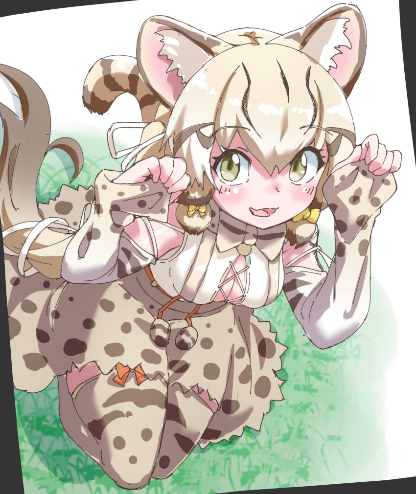 1girl absurdres animal_ears bow bowtie cat_ears cat_girl cat_tail extra_ears geoffroy's_cat_(kemono_friends) green_eyes grey_hair highres kemono_friends kemono_friends_v_project long_hair looking_at_viewer lowlandgorilla outdoors ribbon shirt skirt solo suspenders tail thigh-highs twintails virtual_youtuber