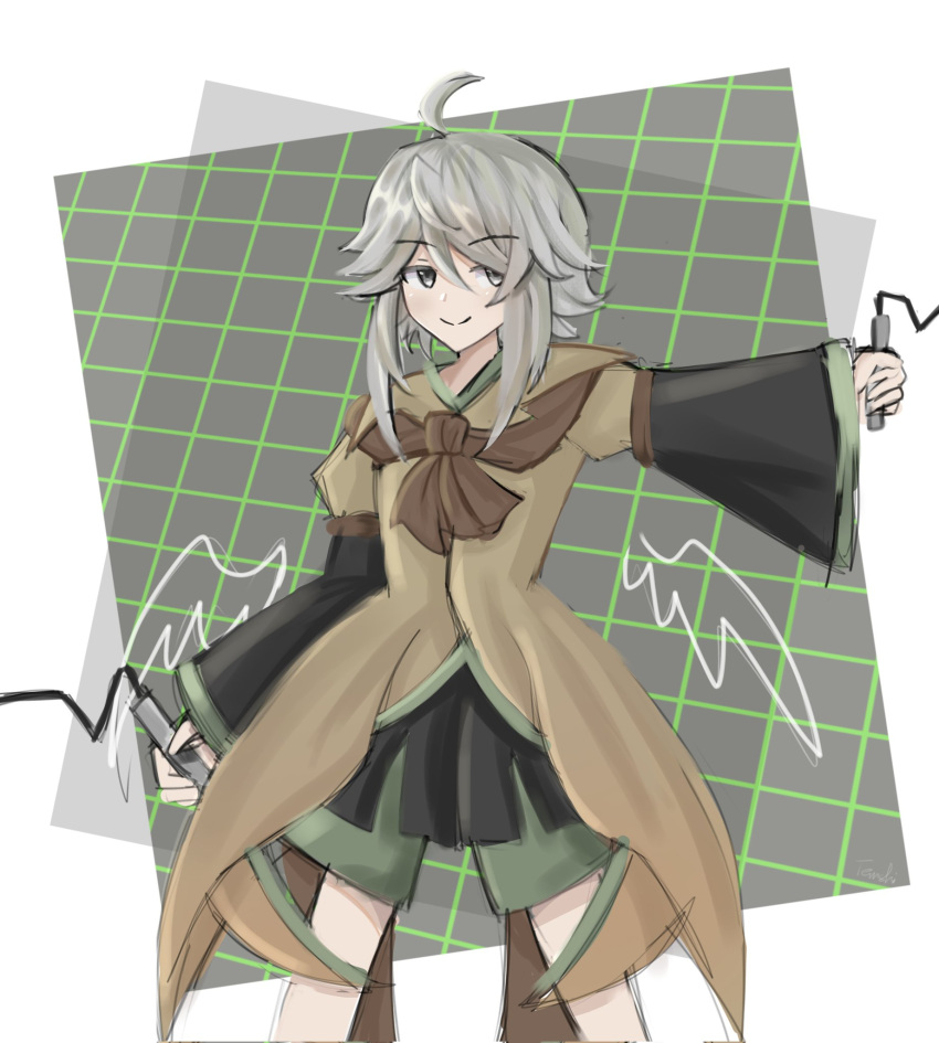 1other androgynous ascot brilliant_pagoda_or_haze_castle brown_ascot brown_coat coat grey_eyes grey_hair highres houlen_yabusame layered_sleeves len'en long_sleeves short_hair_with_long_locks short_over_long_sleeves short_sleeves shorts smile solo temshi